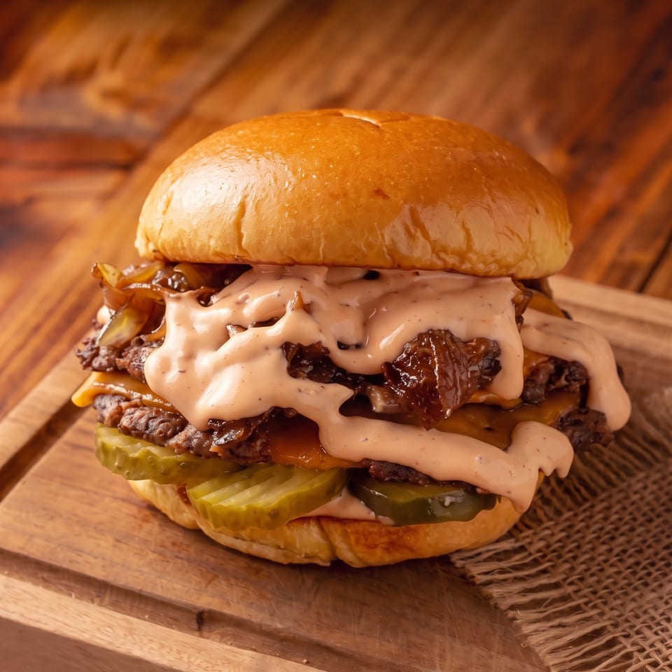 Close-up cheeseburger with double beef patties, pickles, grilled onions, melted cheese, and creamy sauce on a wooden board.