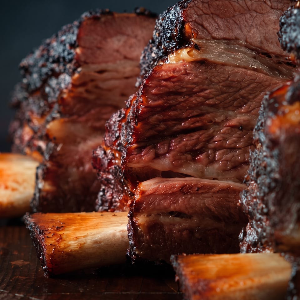 Close-up of roasted meat wrapped in foil, sliced to reveal juicy layered texture, with additional foil-wrapped portions on a wooden surface.
