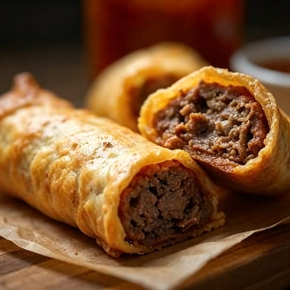 Golden baked pastries filled with spiced ground meat sit on parchment atop a wooden table.