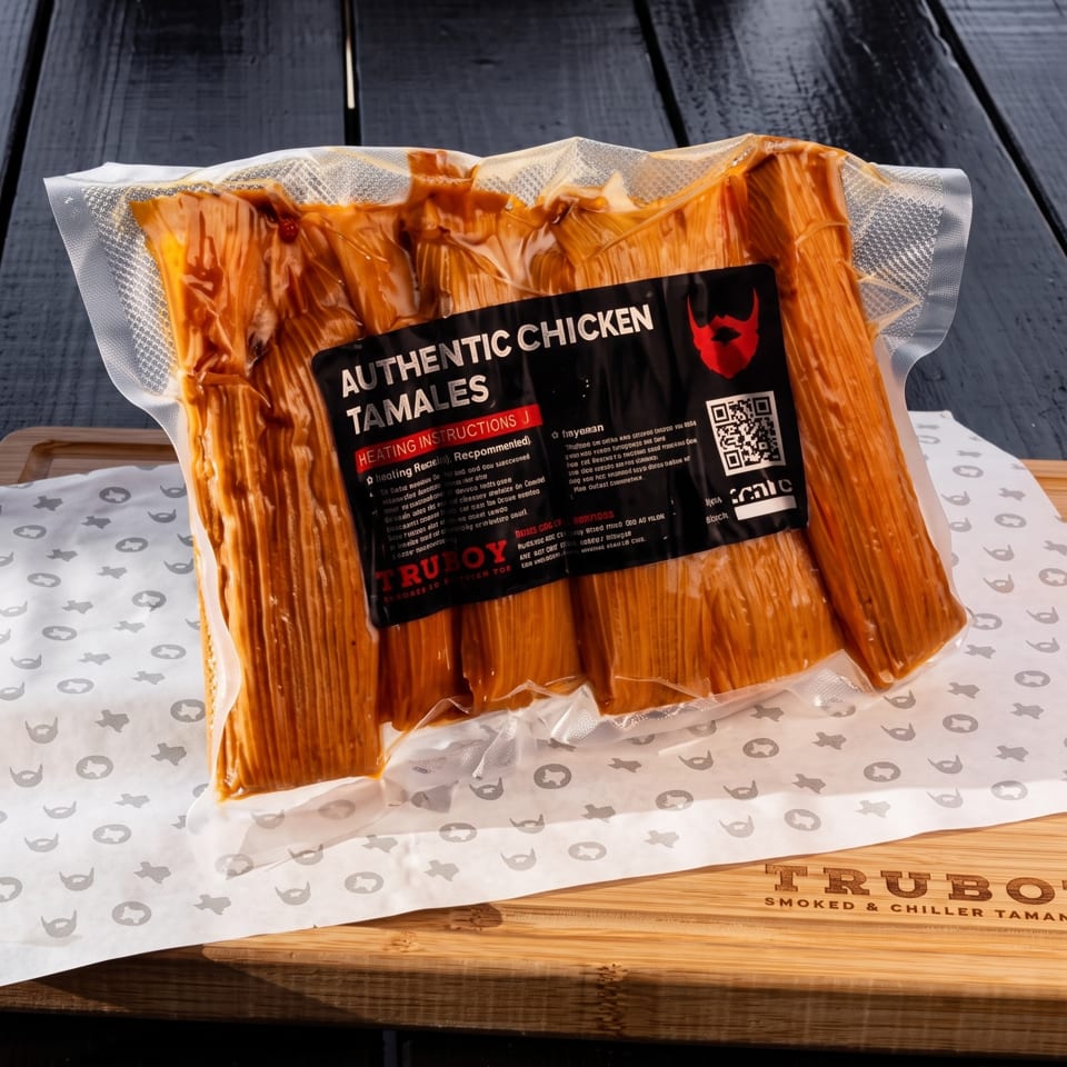 Packaged authentic chicken tamales displayed on patterned paper and a branded TRUBO wooden serving board.