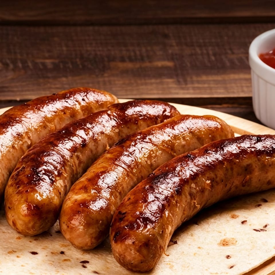 Five glossy grilled sausages arranged on flatbread with a cup of red dipping sauce on a wooden table.