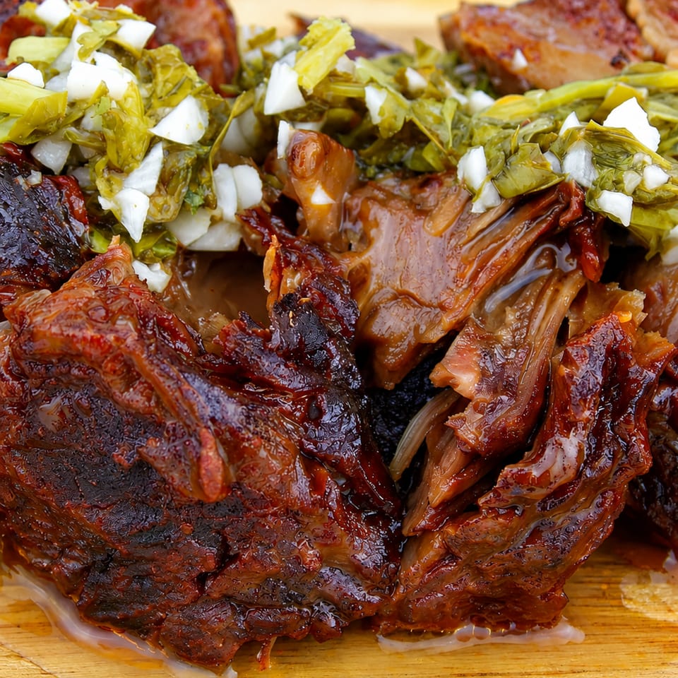 Glazed roasted meat topped with chopped green peppers and onions, served on a wooden board.