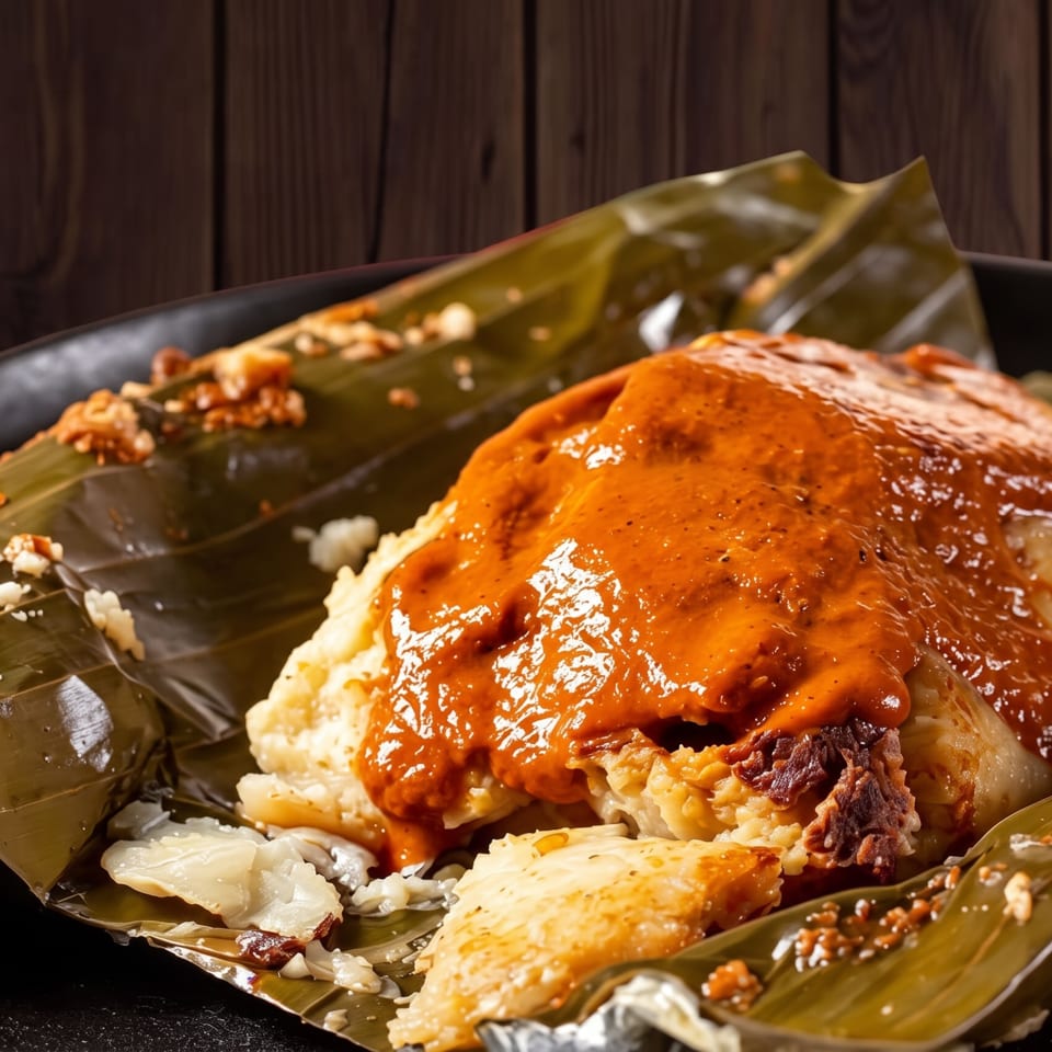 Banana-leaf platter with rice, vegetables, and a crispy fried entrée covered in glossy orange sauce.
