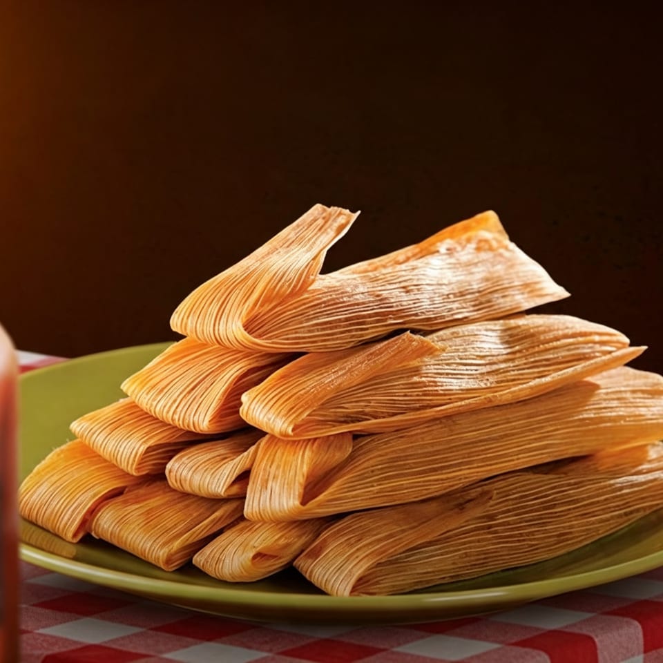 Stack of tamales wrapped in corn husks on a green plate, with a blurred hot sauce bottle and checkered tablecloth.