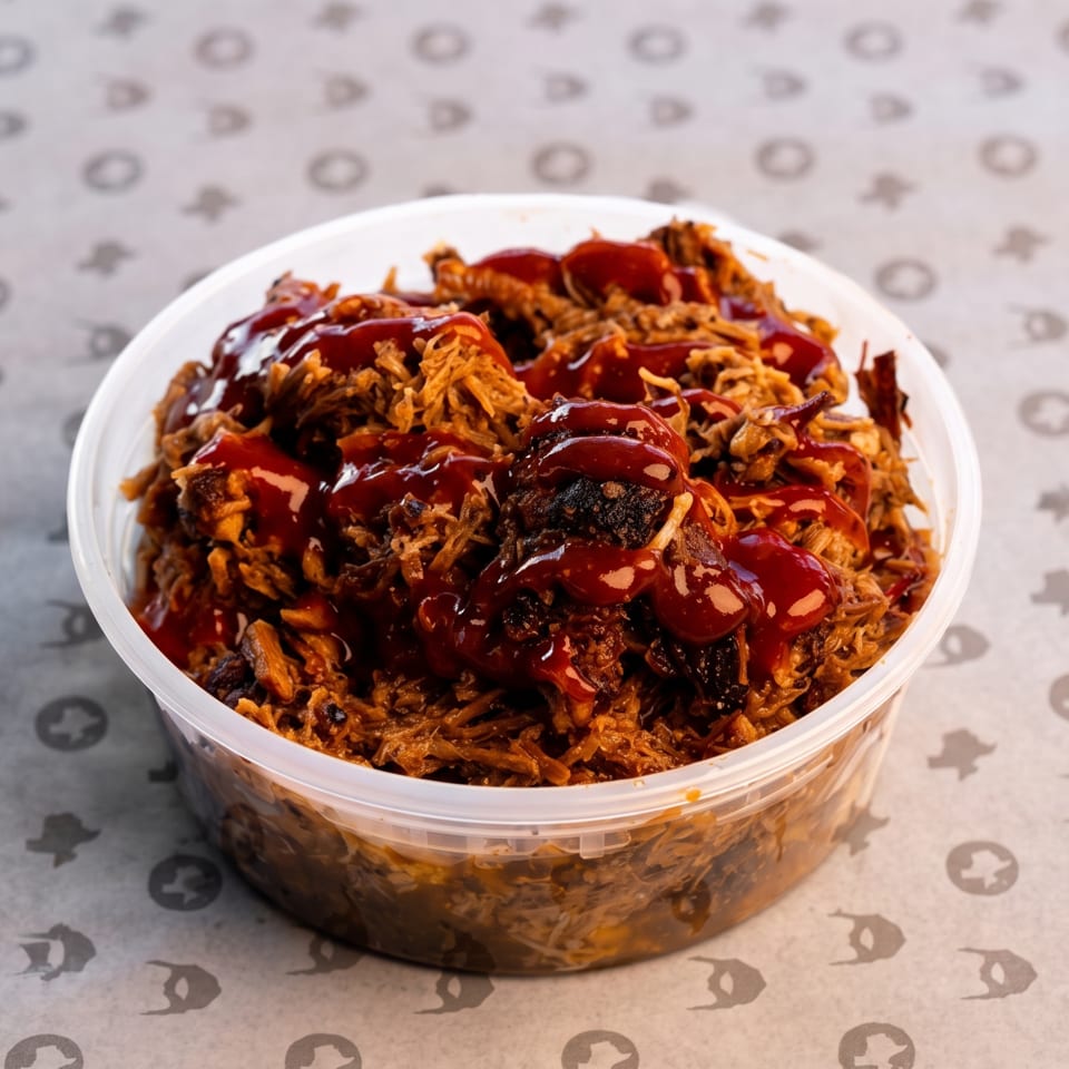 Takeout container filled with crispy shredded food, dark grilled pieces, and glossy red sauce on patterned paper
