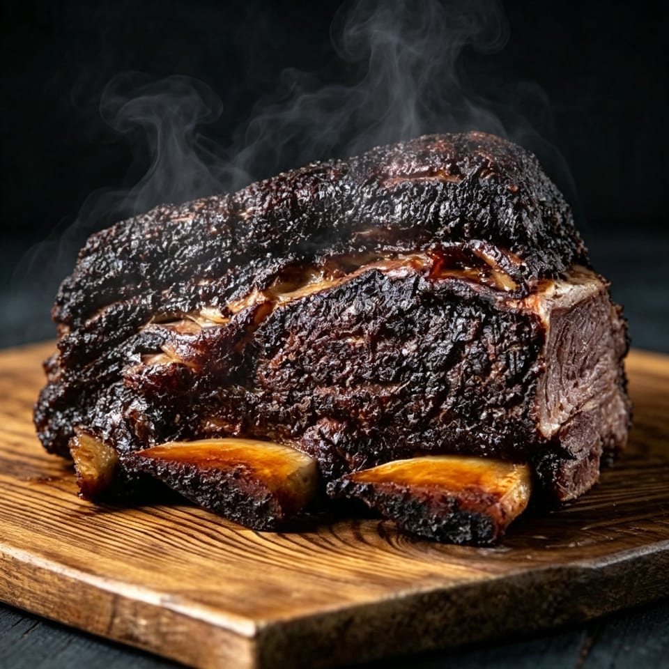 Smoked, heavily charred brisket with roasted vegetables on a wooden serving board, surrounded by rising smoke.