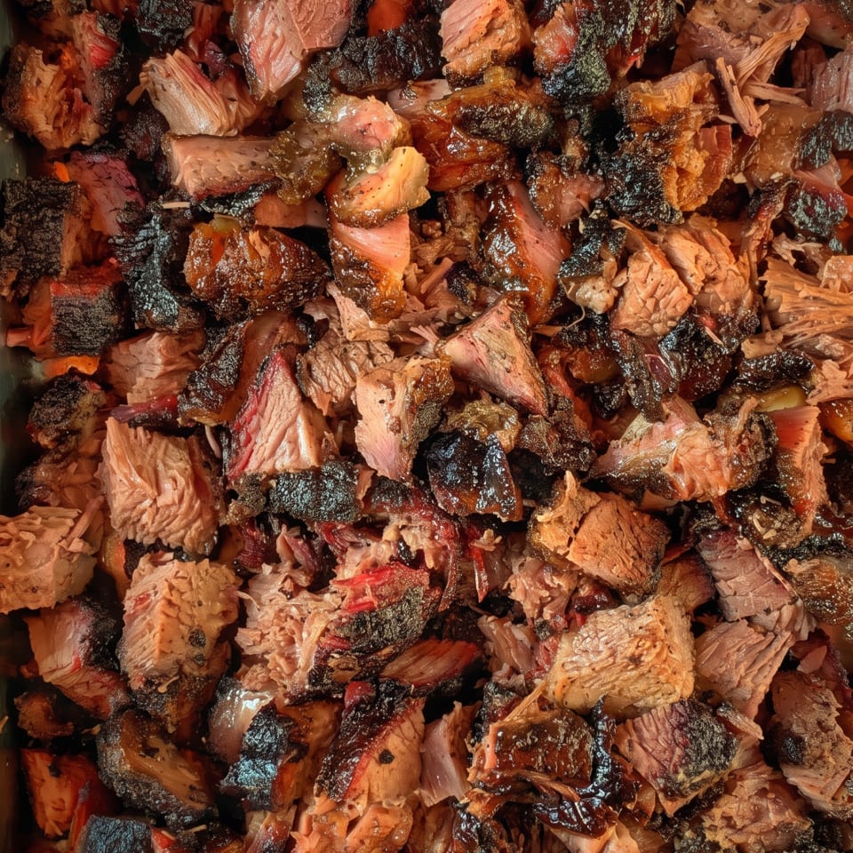 Close-up of assorted grilled meat pieces with charred blackened edges and glistening reddish-brown surfaces.