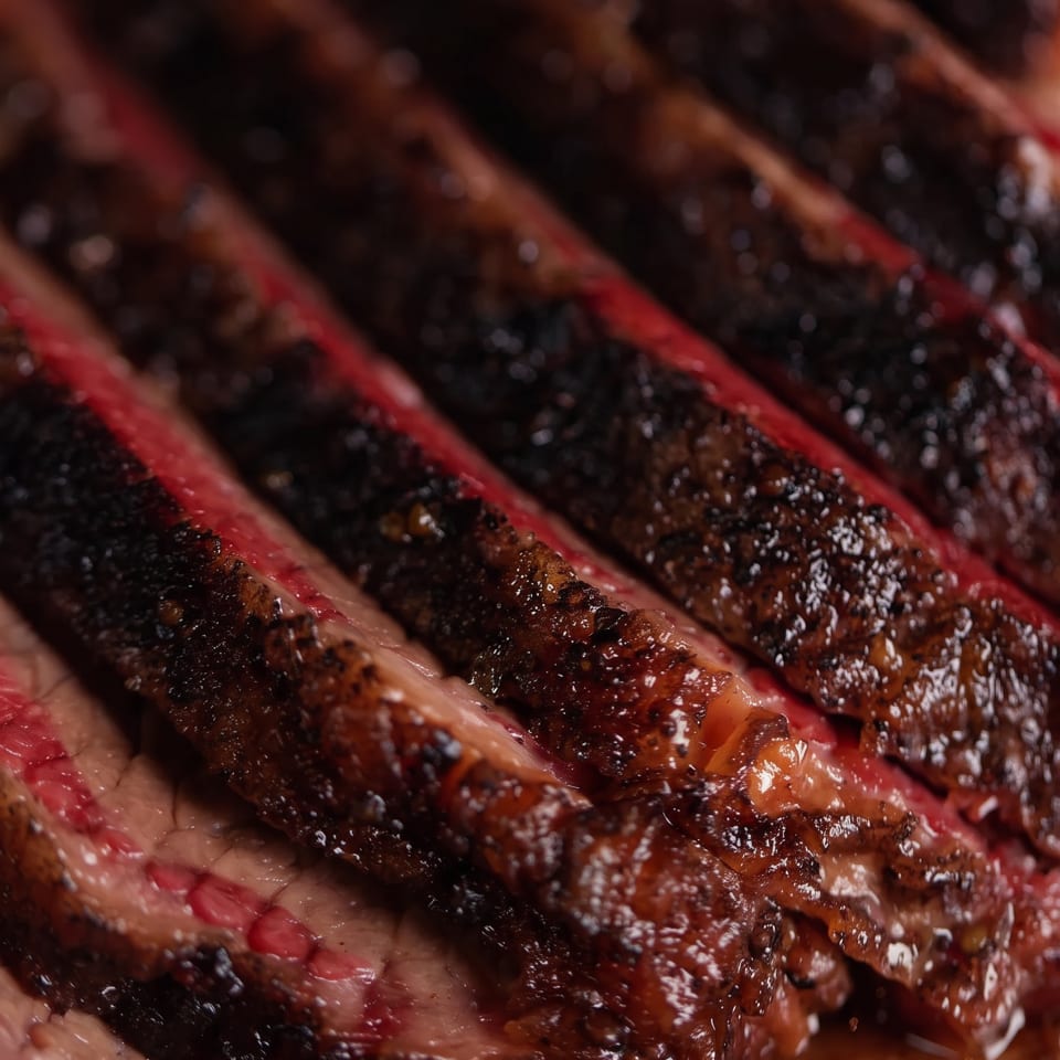 Close-up of glossy, charred grilled meat skewers with red peppers arranged on a wooden surface.