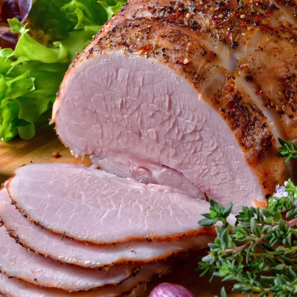 Sliced herb-crusted roasted meat arranged on a wooden board with leafy greens and fresh herbs.