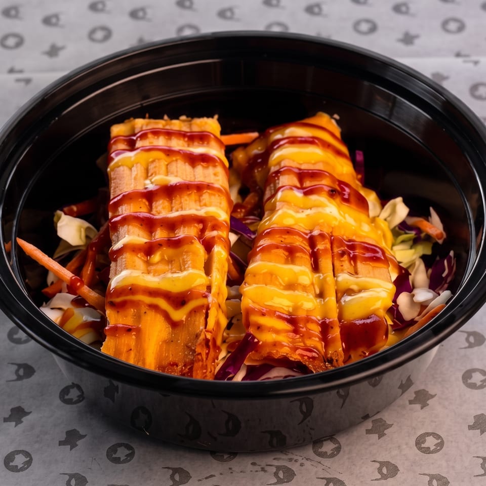 Black bowl of grilled shrimp skewers drizzled with orange and red sauces over shredded salad.