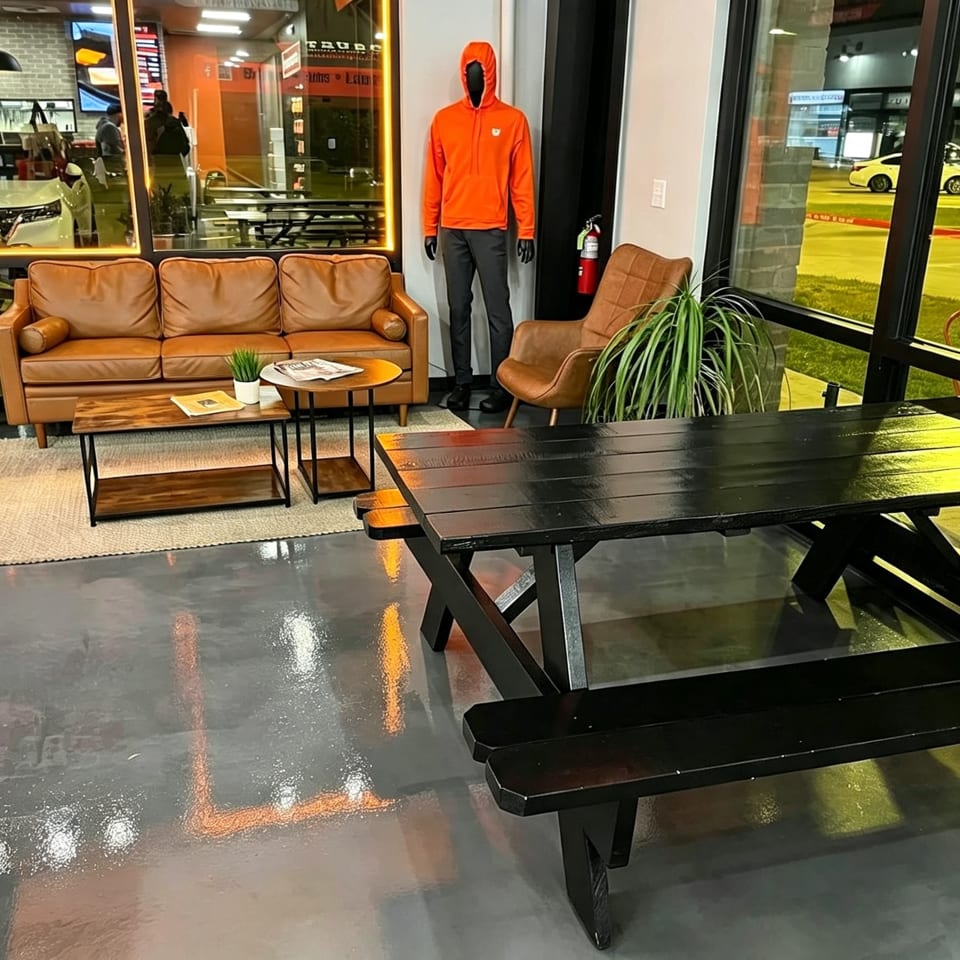 Restaurant dining area with picnic tables, leather seating, plants, pendant lights, and a mannequin near floor-to-ceiling windows.